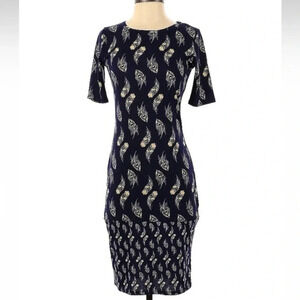 LuLaRoe Fitted Julia Midi Dress Navy Yellow Feathers Aztec Southwestern Size XS